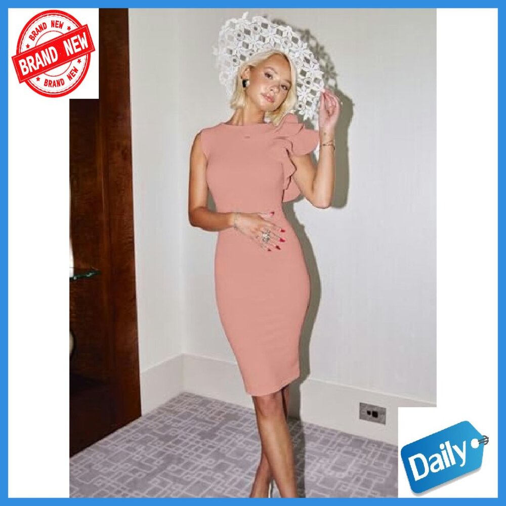 Elegant Formal Bodycon Ruffle Sleeveless Midi Cocktail Party Dress - Picture 6 of 7
